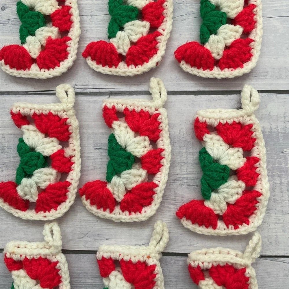 Granny‎ Square Mini Stocking Christmas Ornaments Lot Of 9 Handmade